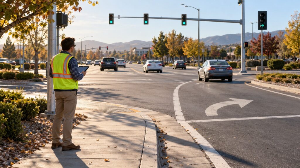 AI-generated editorial illustration: a transportation engineer reviewing an intersection and right-turn lane from the sidewalk.