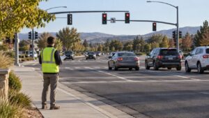 AI-generated editorial illustration of an engineer observing a suburban intersection from the sidewalk.