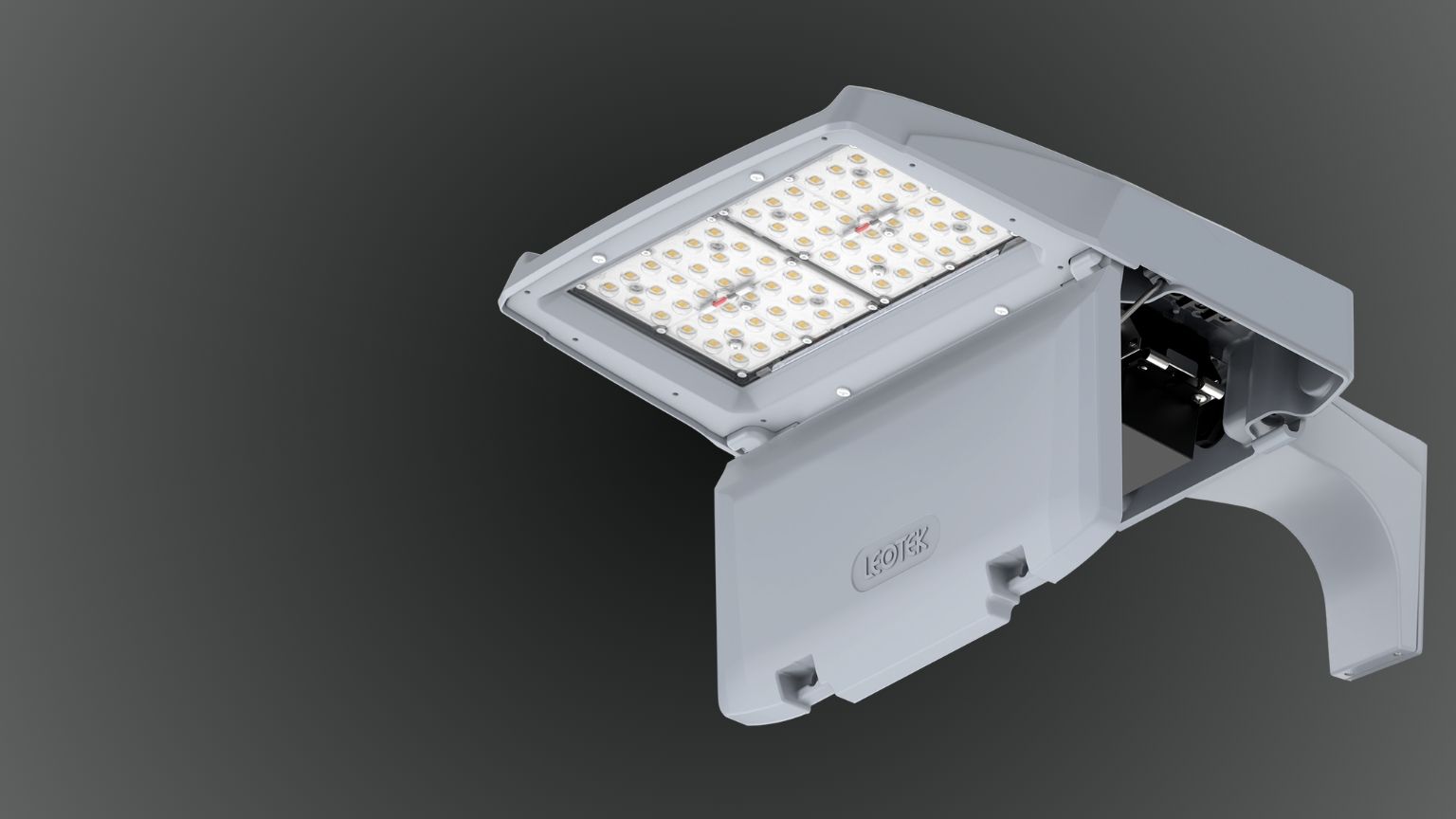 LEOTEK VTLOR luminaire with optional PWRD Power Door open, showing the electrical compartment